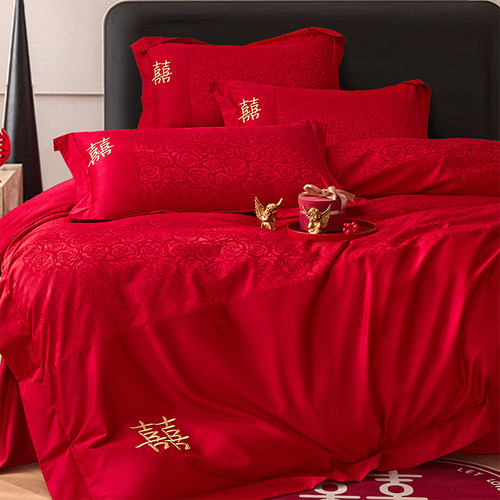 高档结婚红色四件套新婚庆玫瑰双喜被套床单婚嫁陪嫁床上用品婚房
