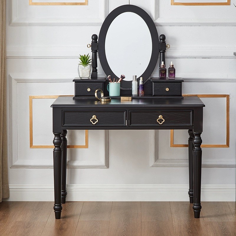 新款法式复古实木梳妆台小型卧室黑色妆台中古风S化妆桌高级感简