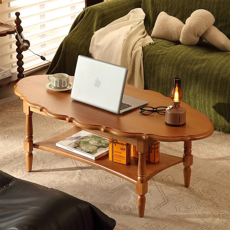 新款实木中古胡桃木色茶s台桌客厅家用阳台沙发双层置物茶几新款
