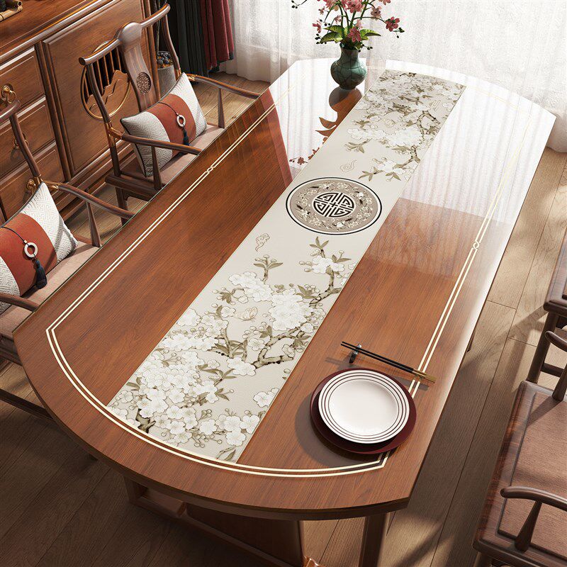 新款新中式椭g圆形餐桌垫pvc软玻璃桌布免洗防水防油防烫茶几桌面