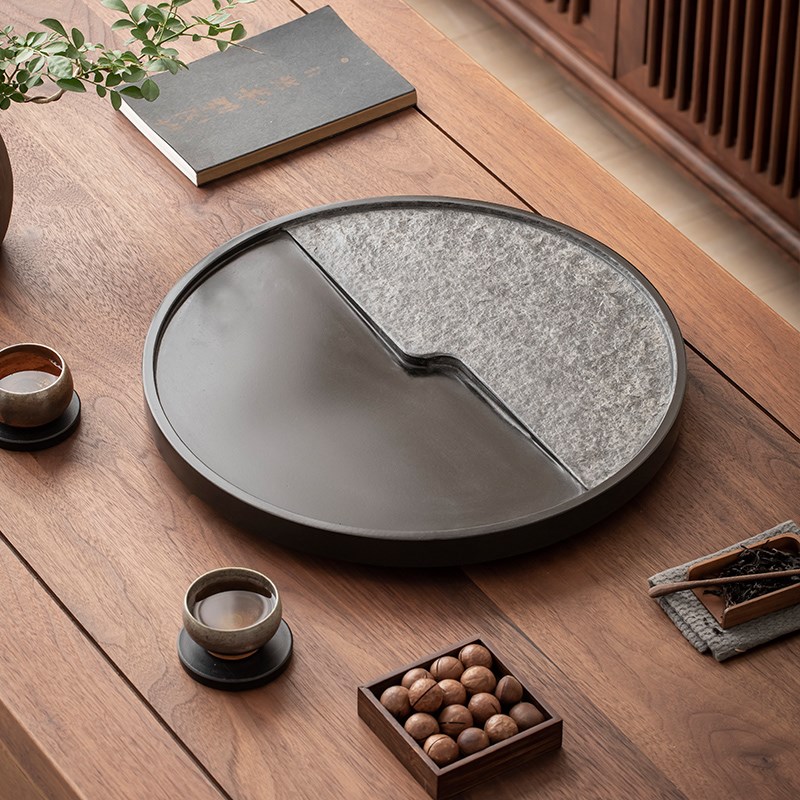 新款天然整块乌金石茶盘石头圆形小茶台办公O家用排水功夫茶具简