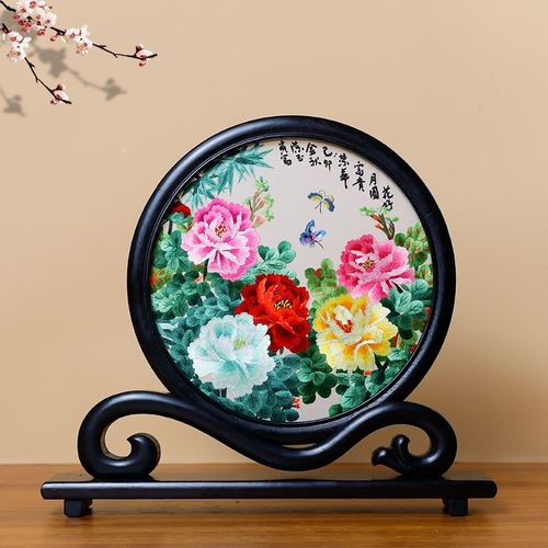 新款苏绣双面绣牡丹摆件手工刺绣摆台中国风工艺品新中Z式桌礼物
