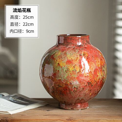 新款新中式红色陶瓷花瓶摆件客厅插花器J家居民宿装饰品轻奢高级