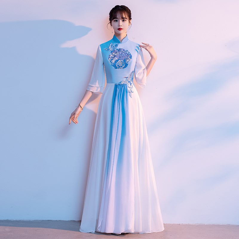 真唱演出服女学生朗诵长裙w主持人礼服中国风民乐古筝演出服成!