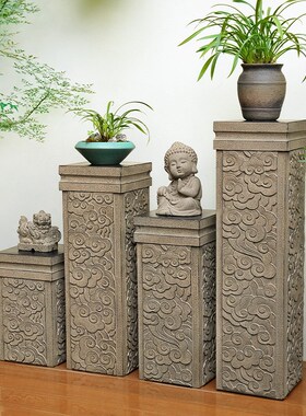 新款新中式石柱墩玄关落地摆件祥云展示柱子茶室家V居办公创意玄