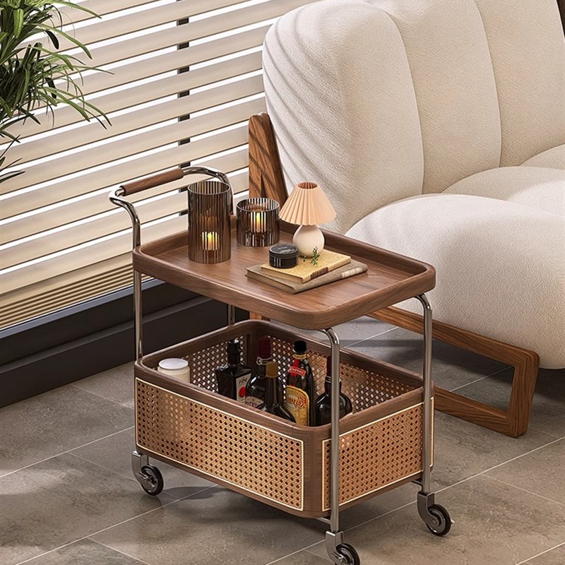 新款实木复古中古风小推车边几带轮客厅沙发小茶几V可移动餐桌边
