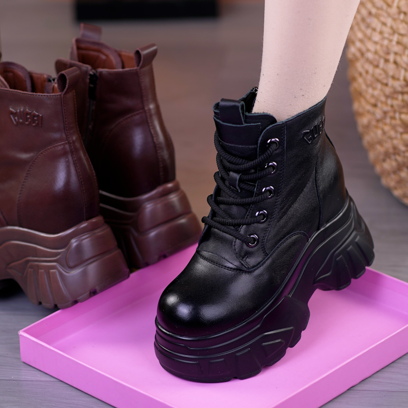 冬季新款头层牛皮高跟复古加绒短靴女小个子内增高厚底棉鞋马丁靴