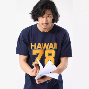 OKONKWO HAWAII 78印花短袖T恤200克拼接溜肩阿美咔叽T恤