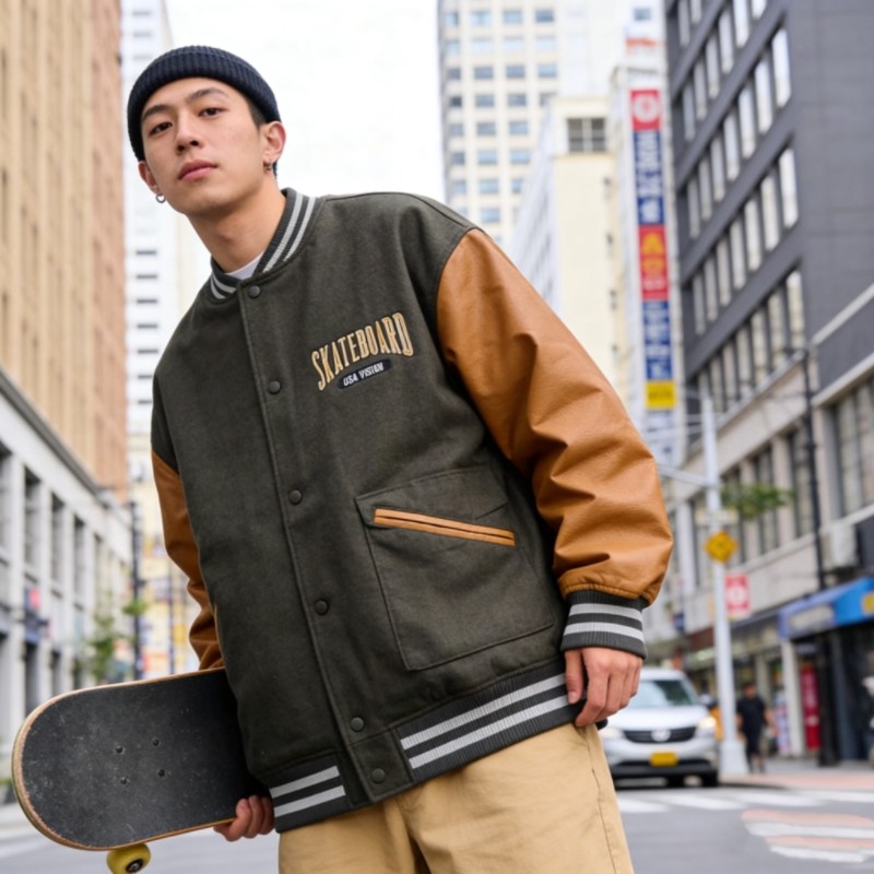 日线 滑板嘻哈hiphop街头 羊毛呢 pu皮 重工刺绣 夹棉 棒球外套