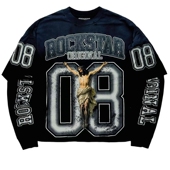 oversize长袖 美版 短款 假两件 复古嘻哈街头hiphop高街做旧印花