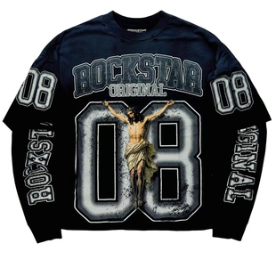 oversize长袖 美版 短款 假两件 复古嘻哈街头hiphop高街做旧印花