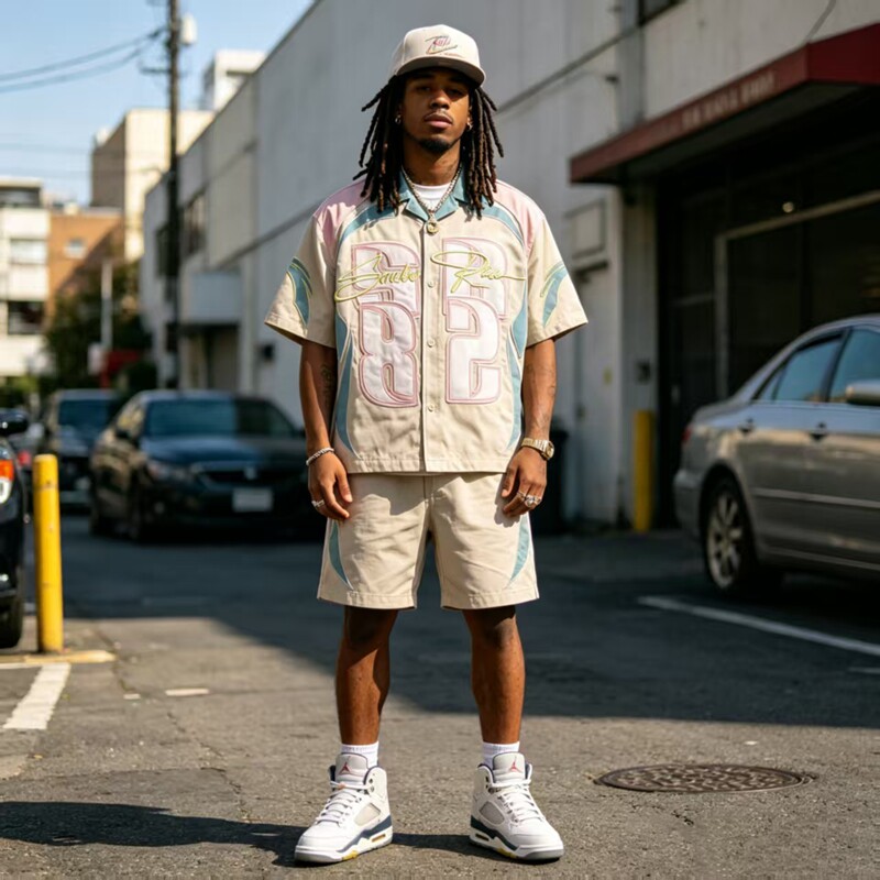 美版 嘻哈街头hiphop滑板说唱 美式工装 经典万针刺绣  衬衫短裤