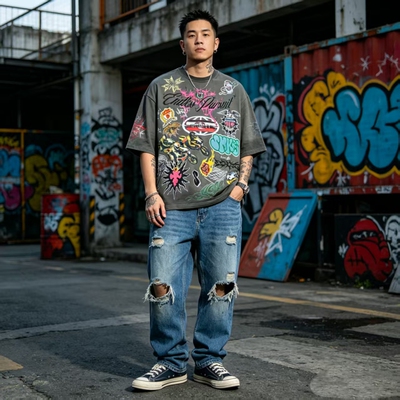 美版 高街嘻哈复古街头hiphop说唱美式经典机车水洗做旧 美潮短袖