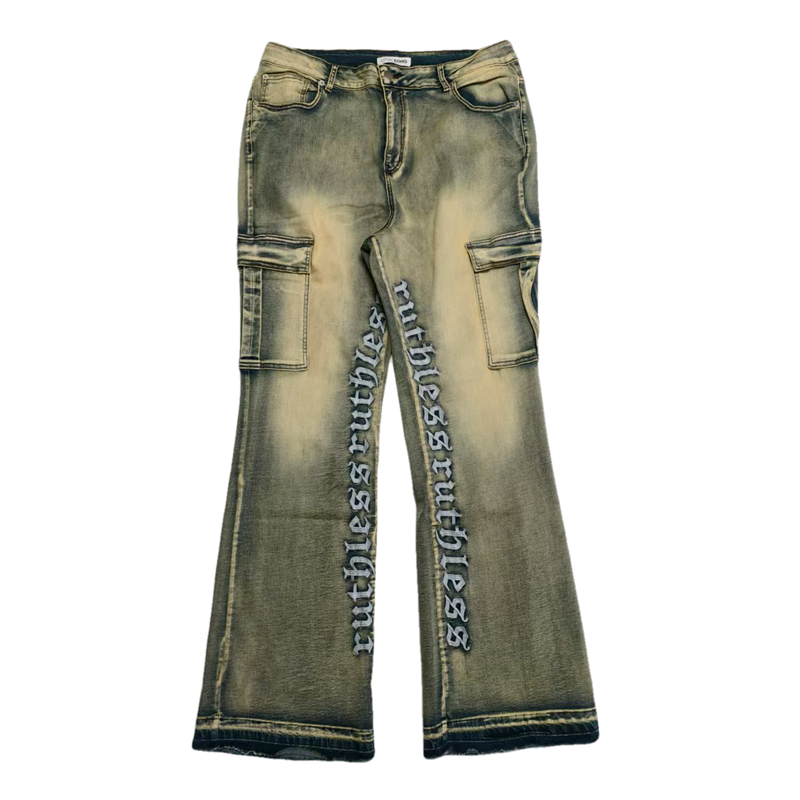 美式 复古嘻哈街头hiphop美式水洗做旧磨破 刺绣 喇叭 牛仔裤