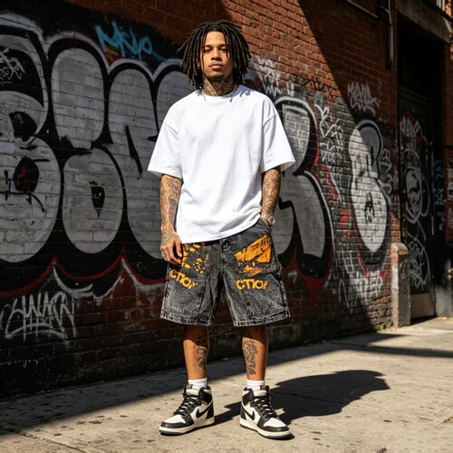 美版 复古嘻哈街头hiphop滑板说唱 美式经典做旧 宽松 牛仔短裤