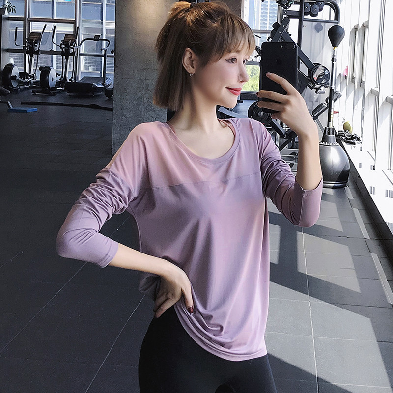 宽松大码长袖运动上衣速干衣显瘦网纱户外跑步健身房T恤瑜伽服女