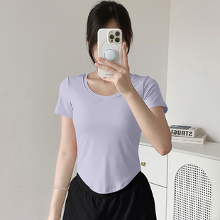 运动T恤女瑜伽服带胸垫免穿文胸一体式显瘦短袖健身服普拉提上衣