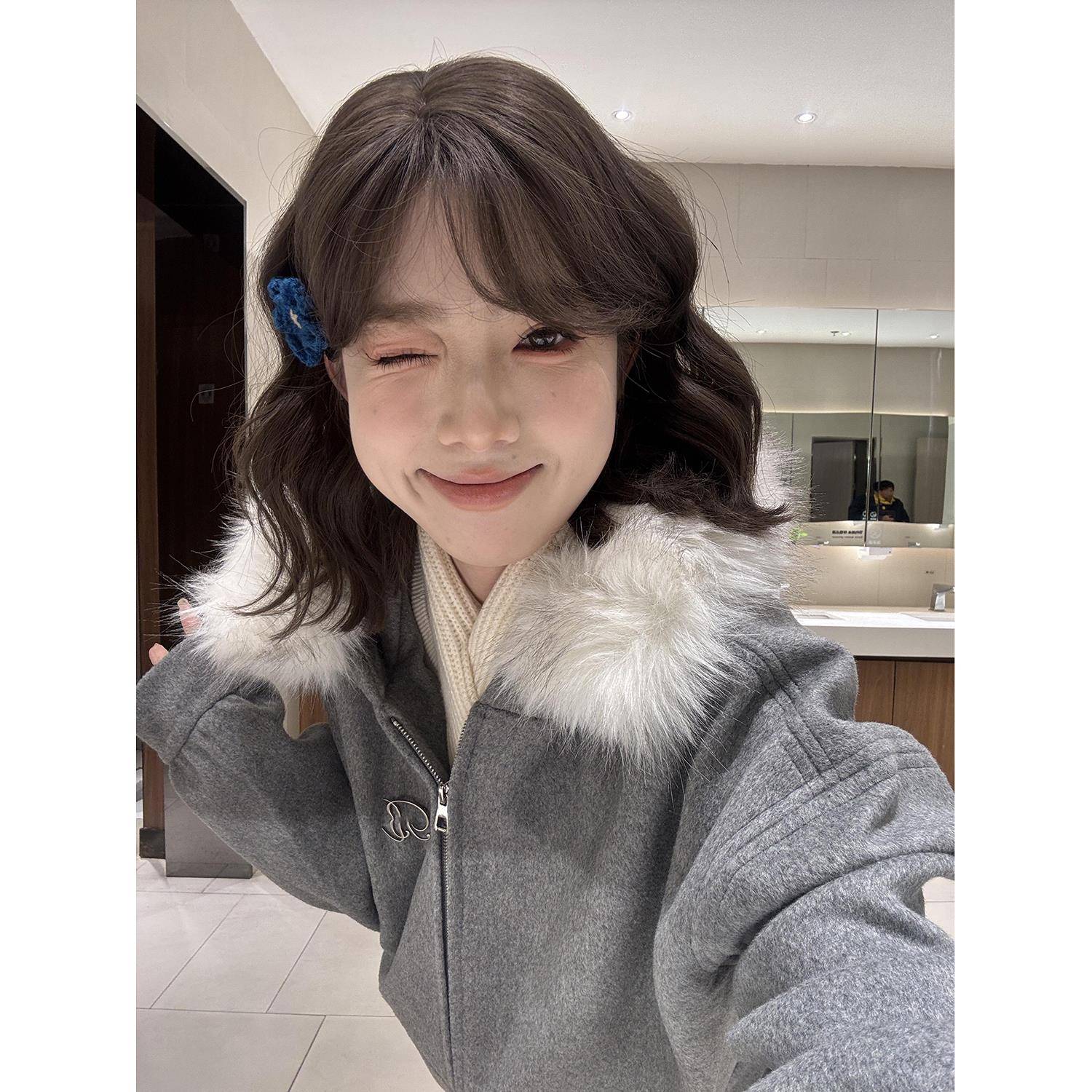 2025新款秋冬连帽毛领毛呢子大衣女冬季拉炼卫衣开衫设计感外套潮