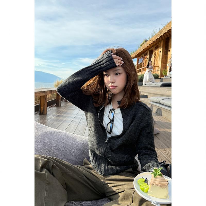 Tuuuh图画本 毛衣开衫外套女秋季韩系百搭灰色针织衫短外套早秋