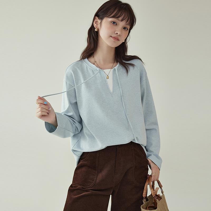 「北岛AMUU」蓝色绑带假两件长袖t恤女秋季高级感超好看宽松上衣