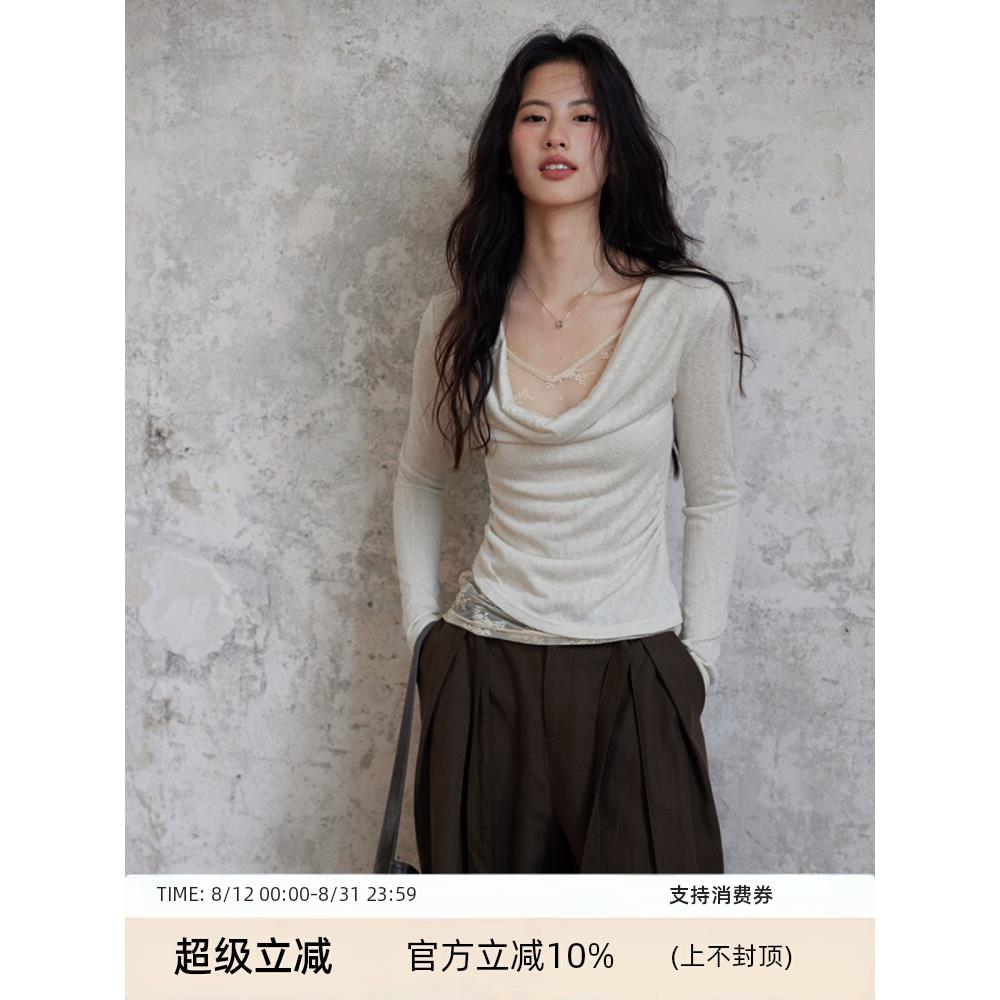 贰羊设计【予沁】假两件荡v领蕾丝针织衫上衣女2025秋季气质长袖