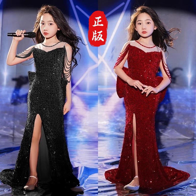 儿童模特走秀演出服中大童学生修身礼服包臀鱼尾裙女童拖尾连衣裙