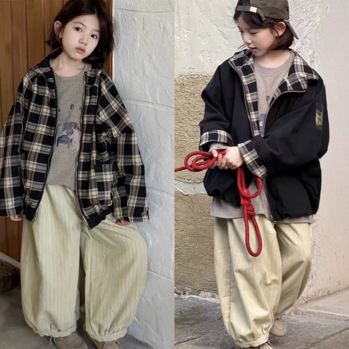 韩系双面穿中大童工装休闲夹克潮青少年外套女童格子外衣洋气白搭