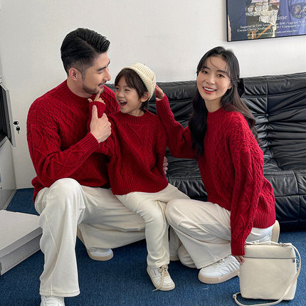 亲子装红色麻花毛衣影楼主题摄影服装过年新年亲子服一家四口拍照