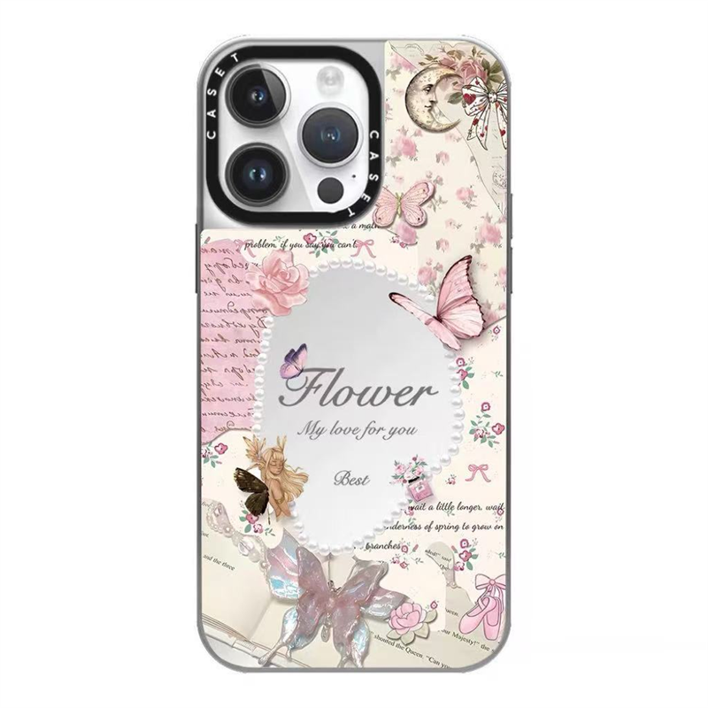 韩国代购CASETIF蝴蝶碎花珍珠银框镜面适用苹果16promax手机壳iphone15plus新款14防摔13pro保护套12情侣11女