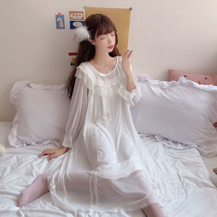 白色睡裙女公主风小清新甜美睡衣2024年夏季 网纱蕾丝家居服可外穿