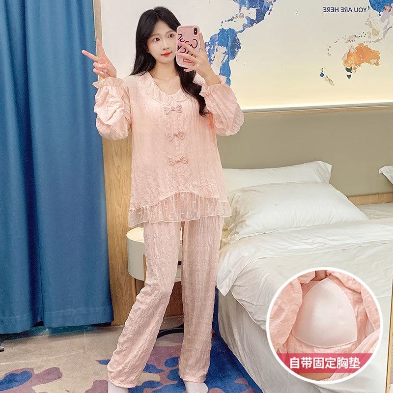 独特漂亮睡衣女款2025新款春装长袖长裤高级感网红款带胸垫家居服