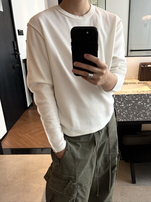 「1012H」秋冬新款坑条纯色圆领长袖T恤男女同款宽松休闲打底百搭