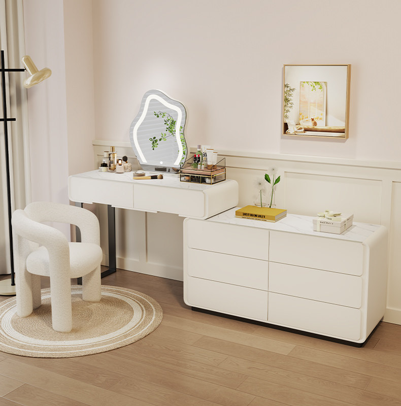 奶油风岩板实木梳妆台斗柜一体网红带灯化妆桌卧室轻奢现代简约白