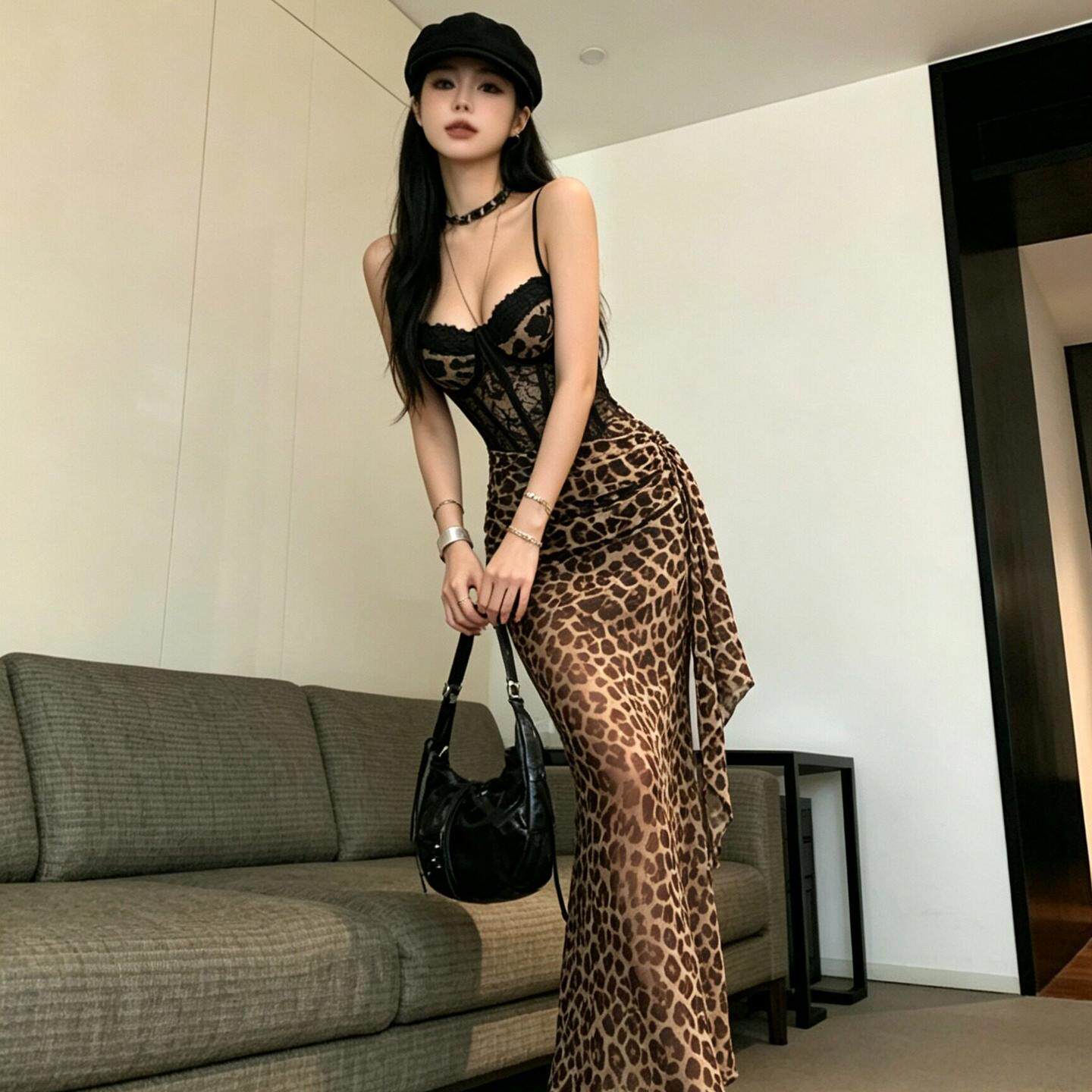 性感时尚豹纹吊带连衣裙夜总会御姐气质露背长裙足疗技师工作服潮