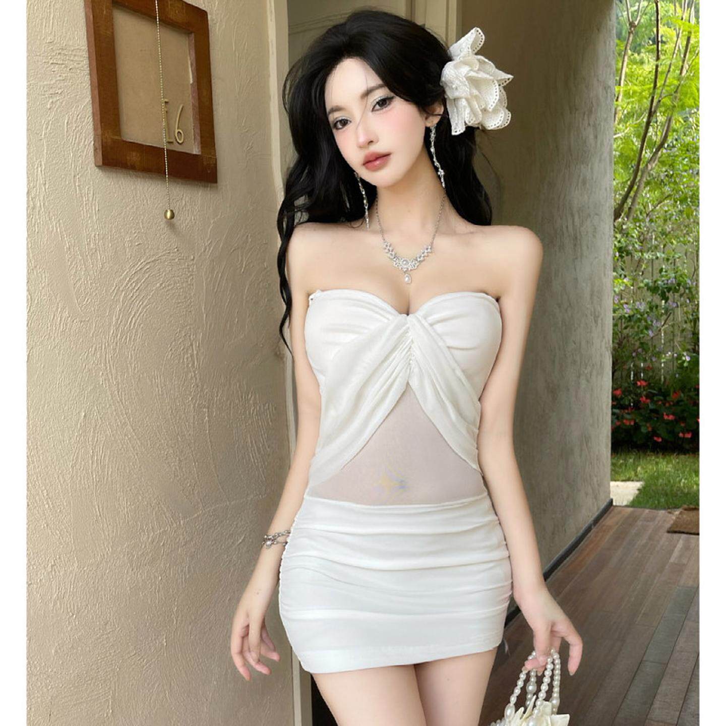 足浴技师佳丽工作服性感低胸网纱透视拼接包臀连衣裙夜场上班短裙