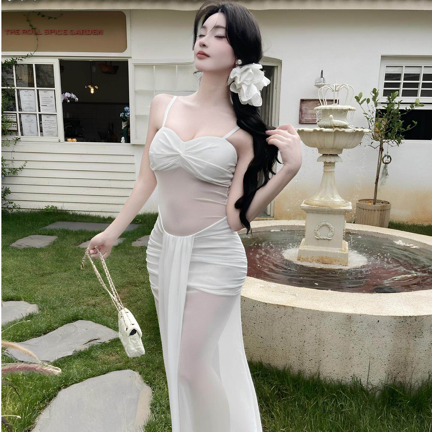 柔式SPA工作服女性感细吊带连衣裙夜场气质晚礼服性感透视长裙子