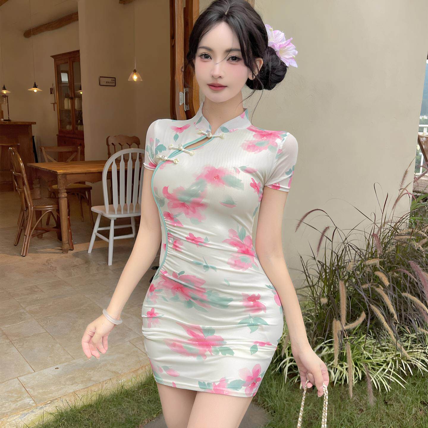 夜总会新款改良旗袍技师工作服性感印花盘扣镂空包臀连衣裙短裙子