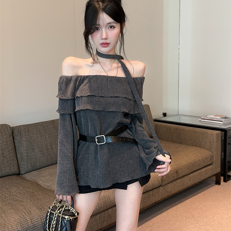 一字肩荷叶边长袖t恤女春季