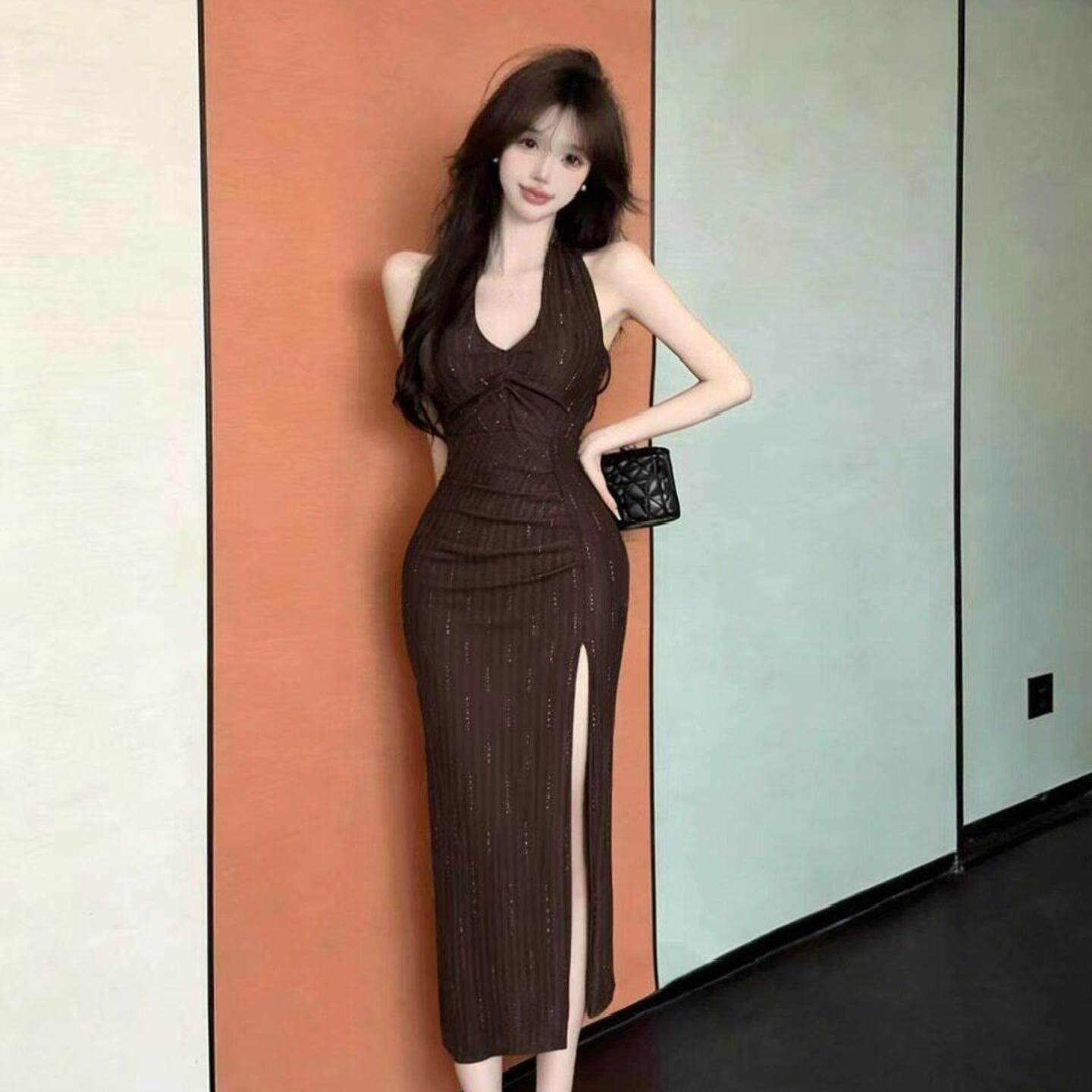 名媛气质挂脖晚礼服纯欲性感修身高开叉连衣裙夜总会足疗技师工装