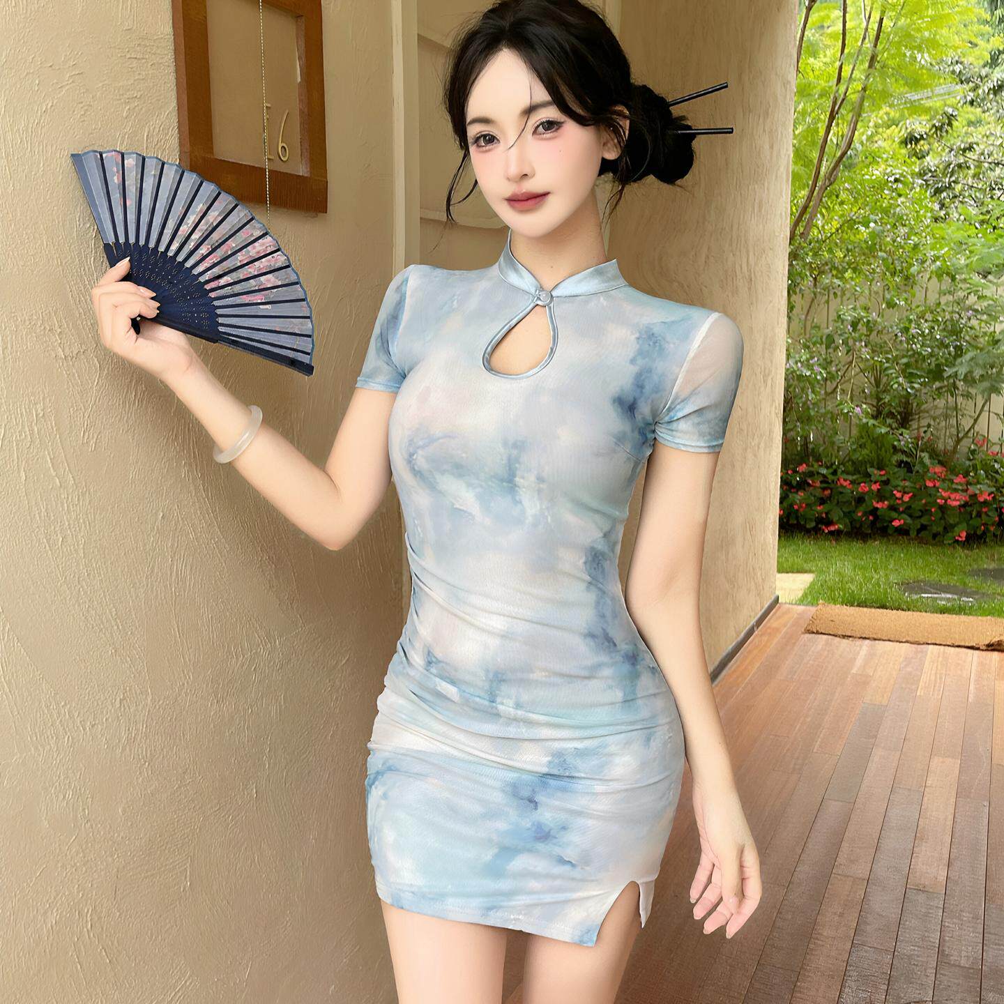 新中式改良旗袍性感印花紧身包臀连衣裙夜场足疗桑拿技师工作服女