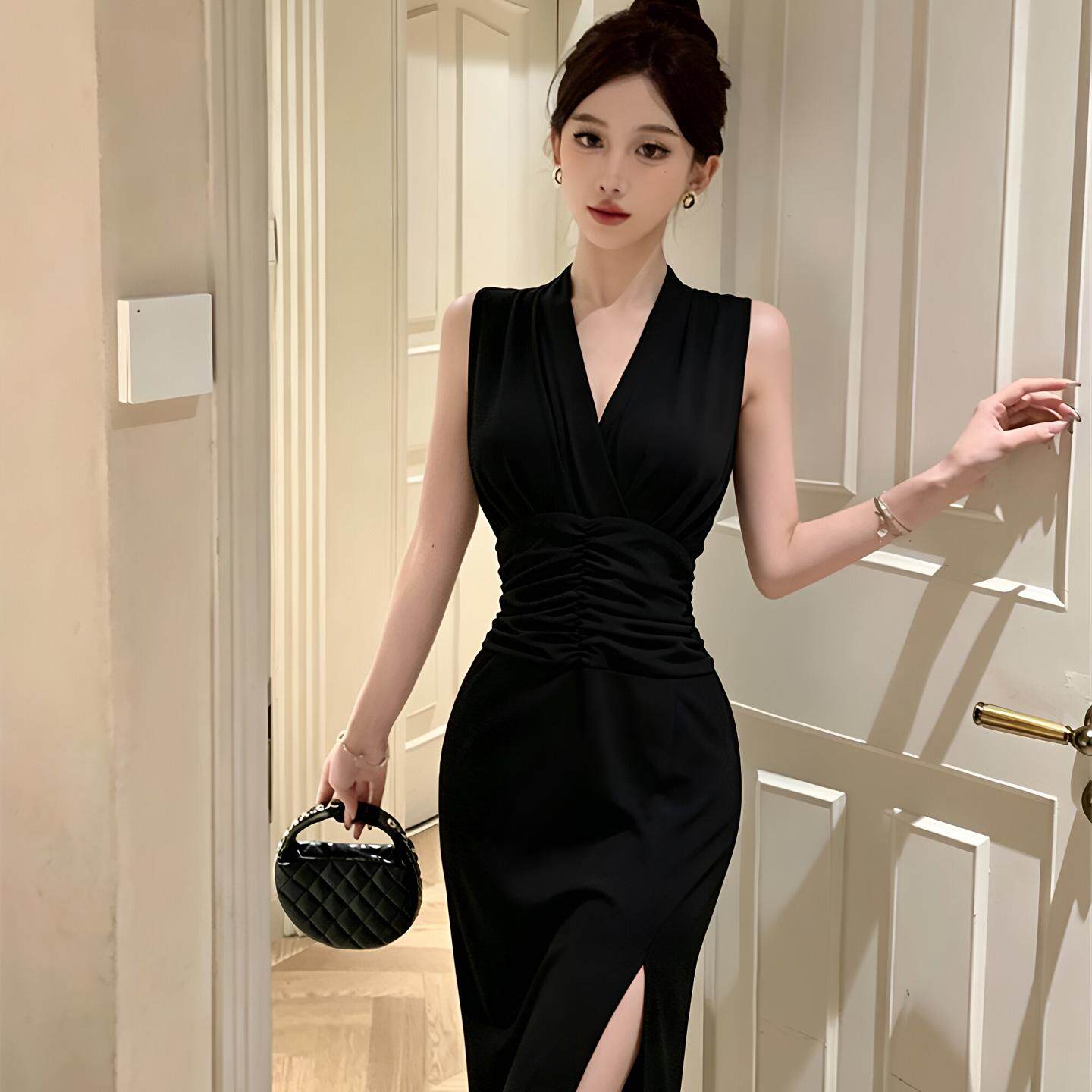 御姐气质v领无袖连衣裙女性感露肩修身高开叉小黑裙足疗技师裙子