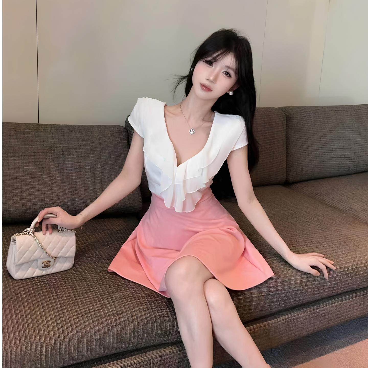 夜店女装性感低胸V领拼色收腰大摆连衣裙柔式足浴按摩技师工作服