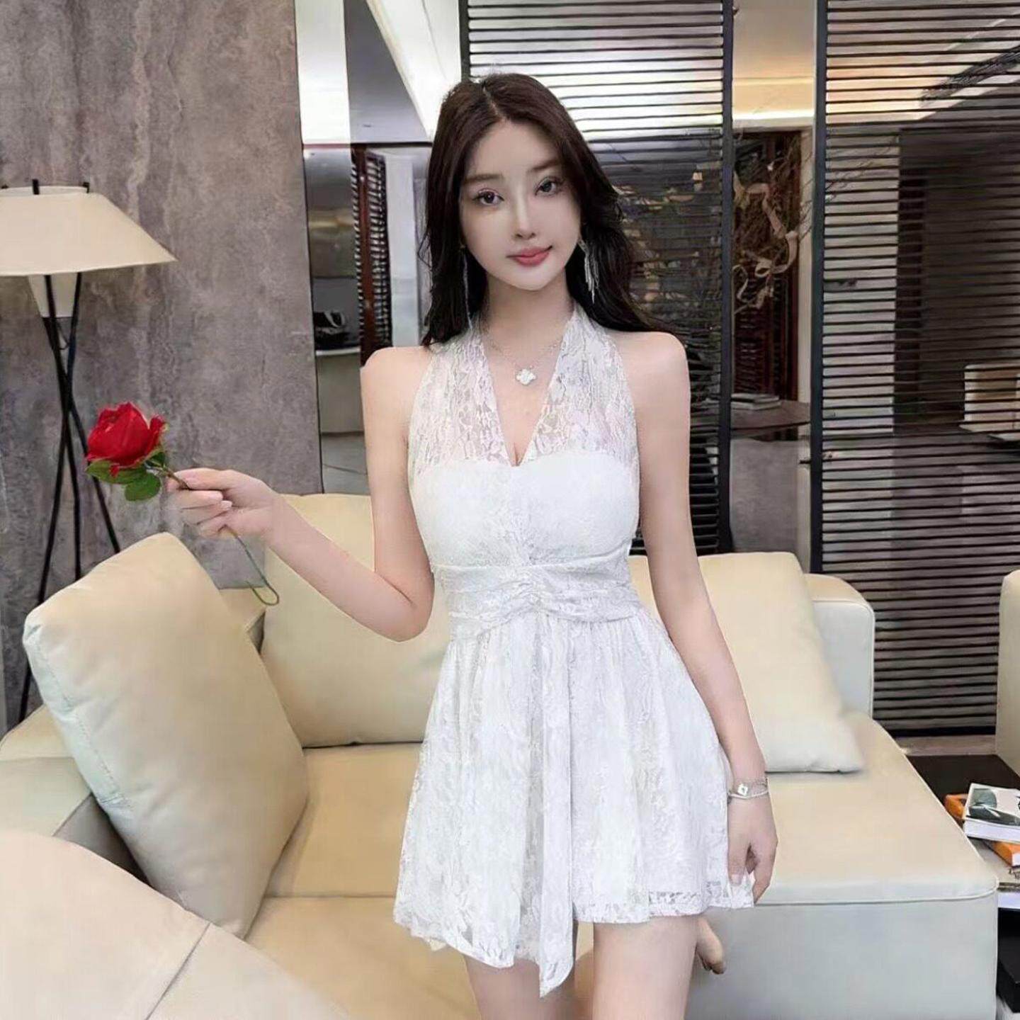 性感蕾丝挂脖连衣裙女收腰露背绑带不规则短裙夜场店足浴技师工衣