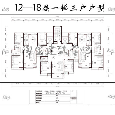 12—18层住宅一梯三户 二三四房两三室一两厅一两卫CAD户型图