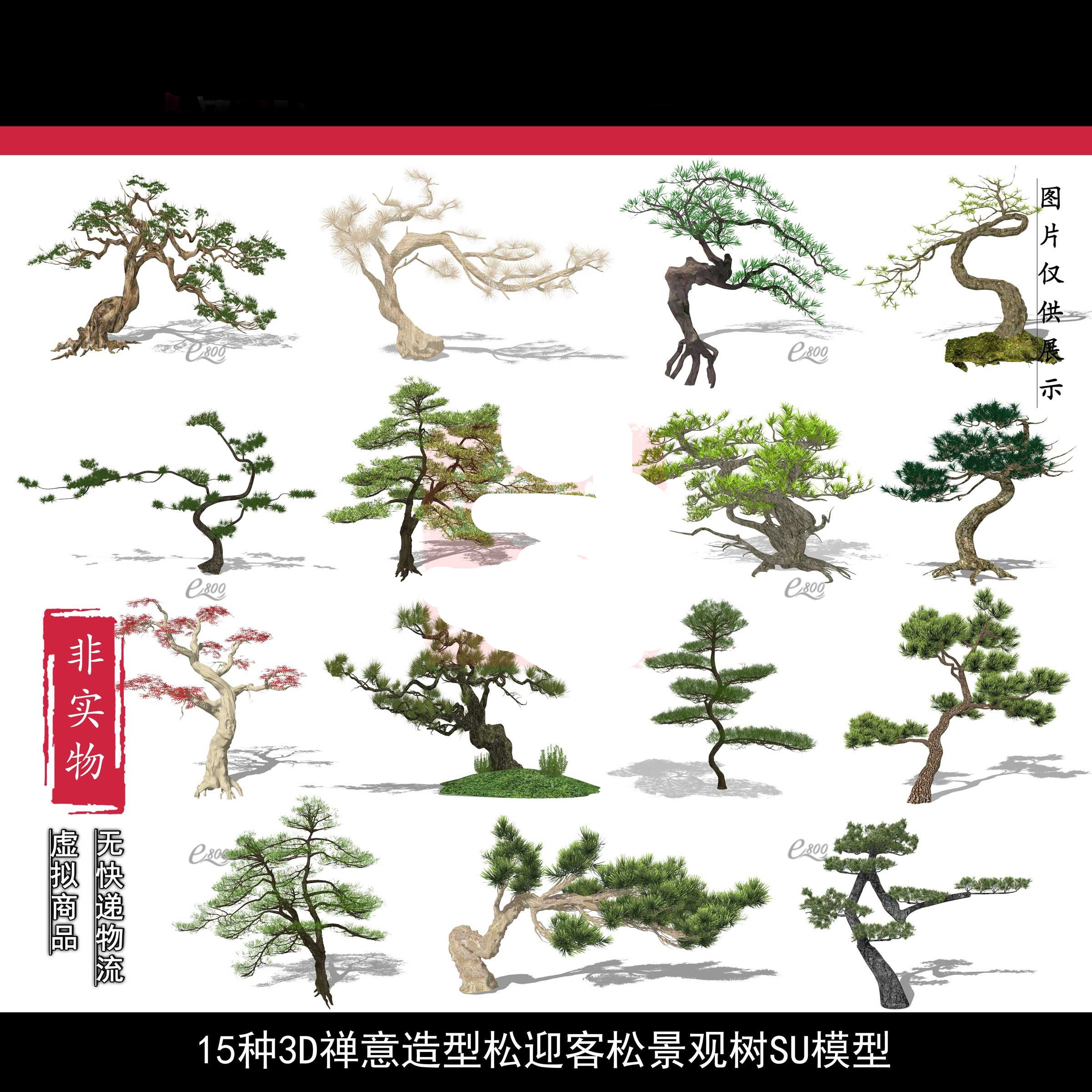 景观园林su精选15种3d禅意景观松树迎客松造型松精细模型