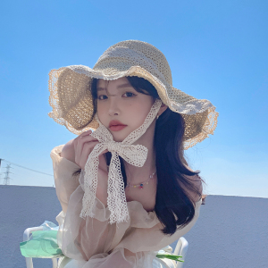 夏季海边蕾丝系带大檐草帽女