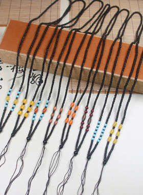 手工编织3mm直串黑色玻璃圆珠子吊坠绳子长毛衣链平安扣 挂绳玉佩