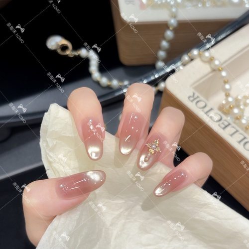 【深海珍珠泡泡】裸粉色中长款追光猫眼穿戴甲显白气质美甲
