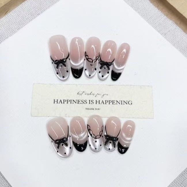 纯手工光疗穿戴甲黑芭蕾成品重复使用可拆卸美甲贴片