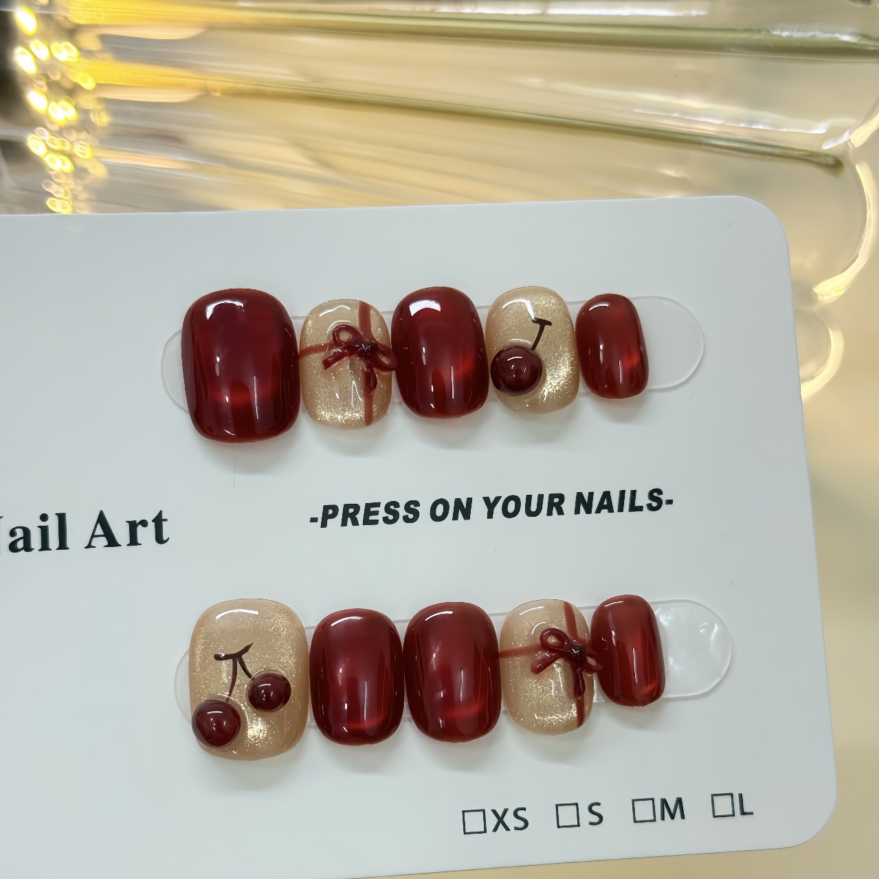 酒红樱桃可爱手绘立体樱桃猫眼美甲甜酷学生短款纯手工穿戴甲